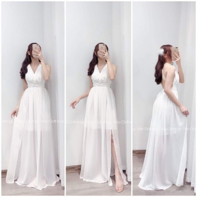 Sẵn 3 màu váy maxi hai dây hở lưng cổ yếm xẻ tà đi biển | BigBuy360 - bigbuy360.vn