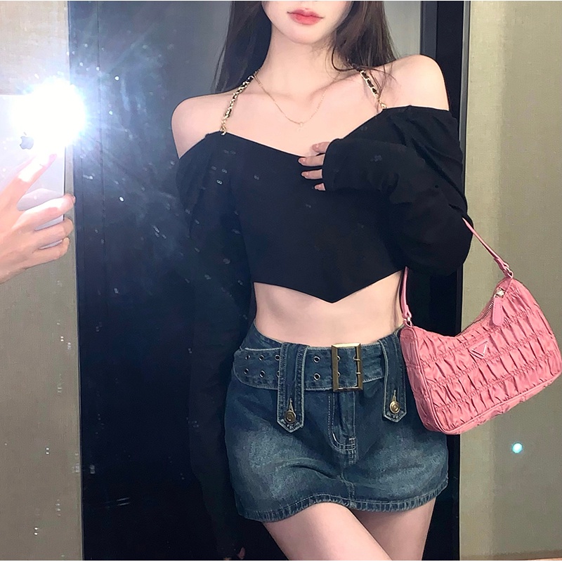 Áo thun crop top dệt kim ZHELIHANGFEI hở lưng phối dây xích trẻ trung quyến rũ thời trang cho nữ