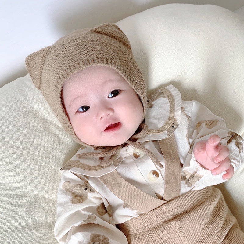 Mũ len tai mèo dễ thương phong cách Hàn Quốc, có dây buộc mềm mại, co giãn tốt cho bé