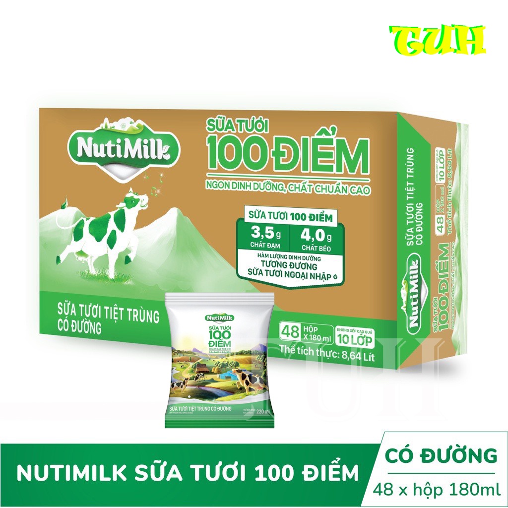Thùng 48 Bịch NutiMilk Sữa tươi 100 điểm có đường 220ml/bịch-TUH