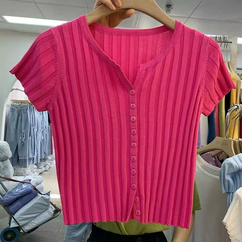 Áo Len tăm nữ cộc tay cài khuy cổ tròn trơn nhiều màu CROPTOP