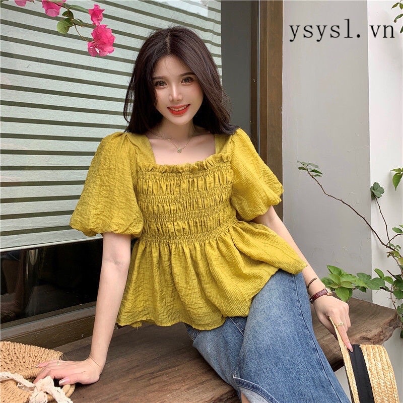 Áo kiểu tay bồng cổ vuông bo chun buộc dây lưng
