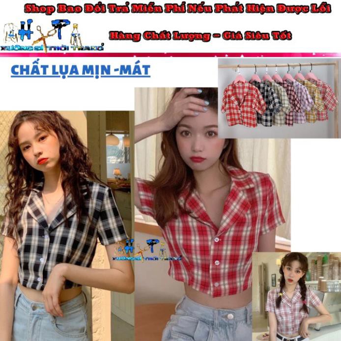 Áo Sơ mi Nữ lửng croptop cổ vét ngắn tay Phối sọc kẻ ca rô hót trend 2020 thời trang mới- hàng có sẵn , '