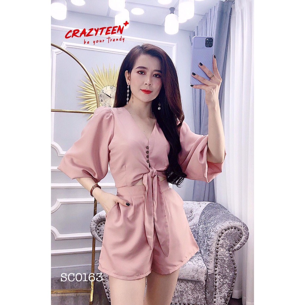 Bộ đùi voan ngắn phối áo thắt nơ bụng xì teen TTSA0467