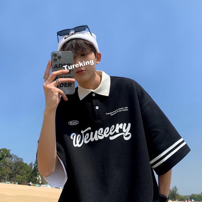 Áo Thun Polo Unisex WEUSEERY màu ĐEN/KEM form rộng  Chất thun cá sấu form nam nữ unisex/Áo thun có cổ Jaystoree