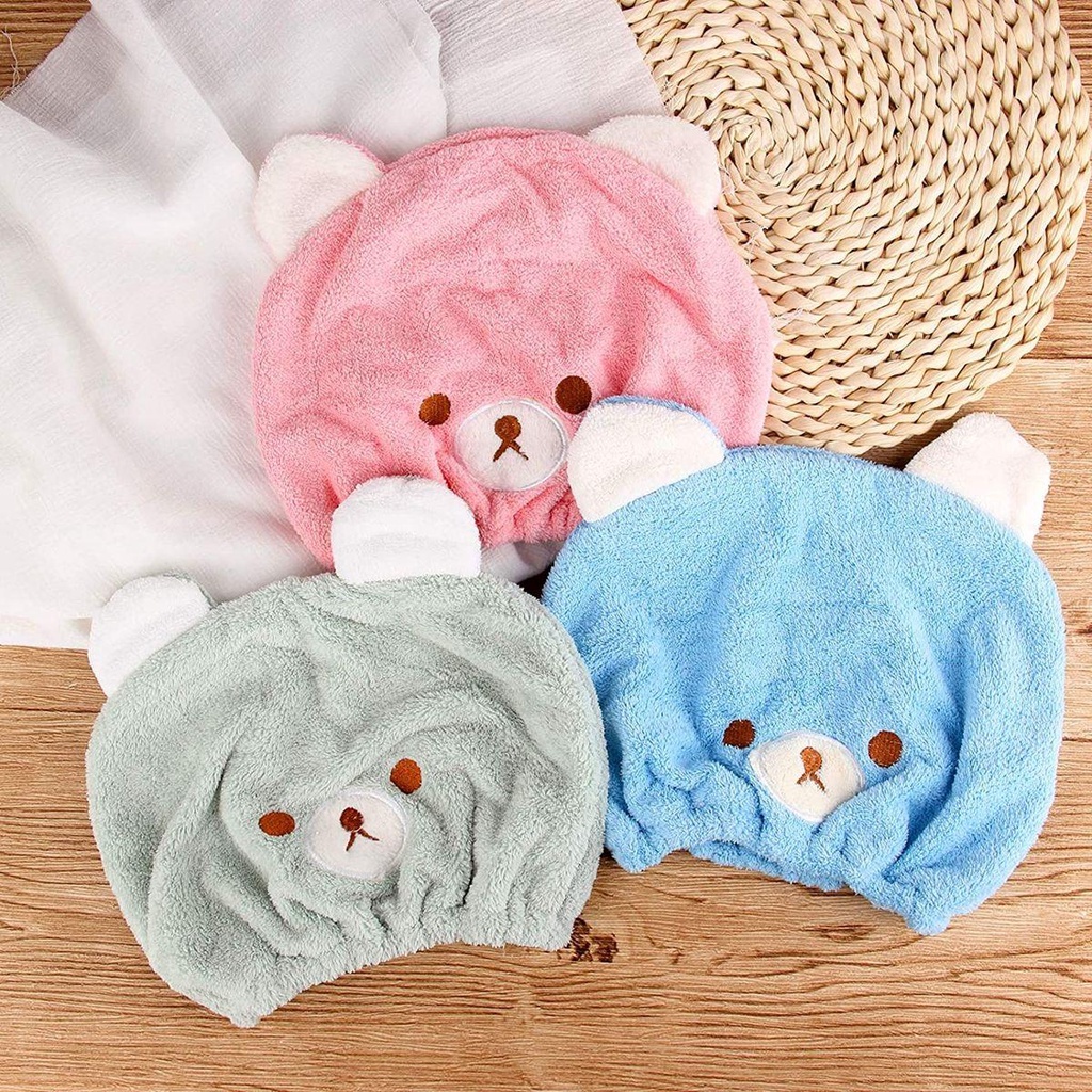 Mũ Trùm Đầu Sấy Khô Tóc Bằng Sợi Micro Siêu Thấm Hút Nhanh Khô Hình Gấu Dễ Thương Cho Nữ