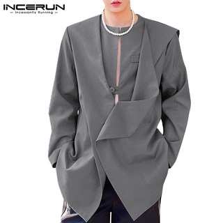 Áo blazer INCERUN tay dài cổ chữ V cài nút kiểu dáng bất đối xứng cho nam