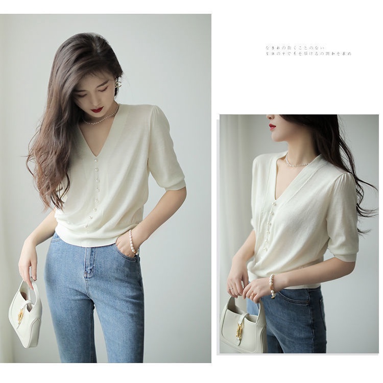 Áo Sweater Cổ Chữ V Đính Hạt Ngọc Trai Phong Cách Hàn Quốc Thời Trang Mùa Hè 2022 Cho Nữ