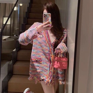 Áo khoác cardigan dệt kim cổ chữ V dáng rộng phối tua rua nhiều màu sắc thời trang mùa thu cho nữ