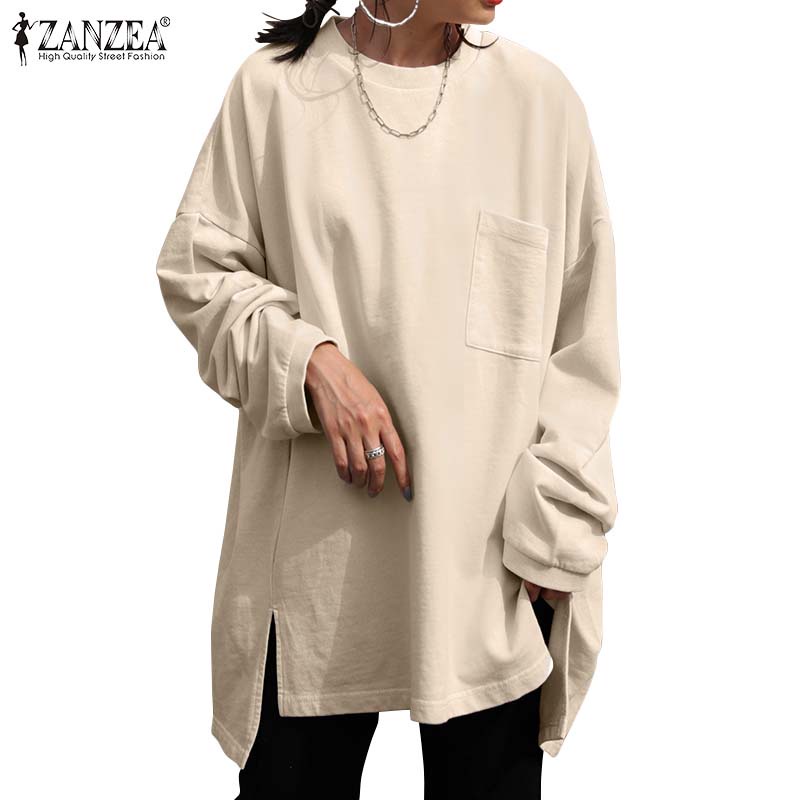 Áo sweatshirt ZANZEA tay dài cổ tròn xẻ tà bên màu trơn thời trang đơn giản dễ phối đồ cho nữ