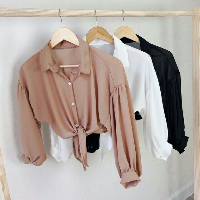 Áo sơ mi croptop- Áo tay phồng cột eo y hình 100% vai siêu đẹp