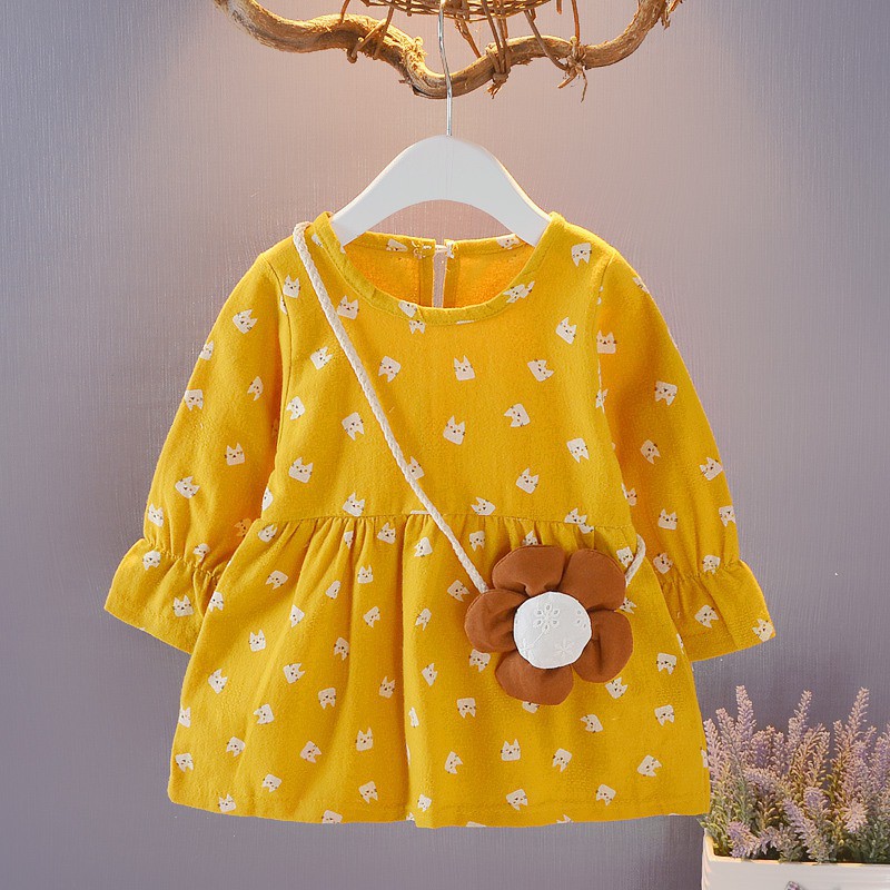 Đầm suông tay dài vải cotton êm ái và dễ thương cho bé gái
