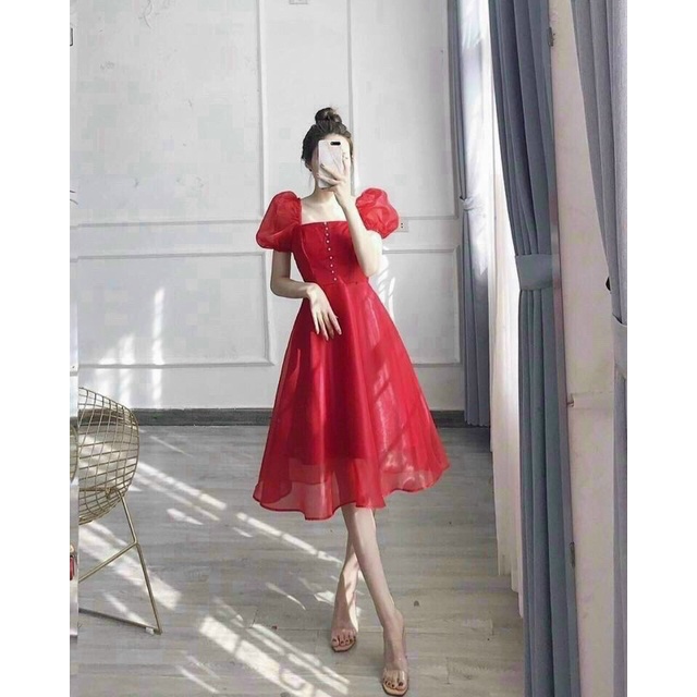 đầm đỏ ngày tết cúp ngực tay phồng xoè ( hình thật shop Thảo Nhỏ Store chụp hình thật )