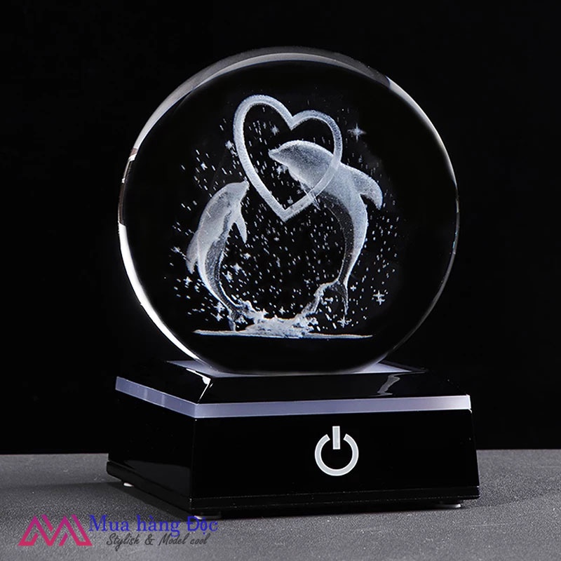 Bộ Quà Tặng Quả Cầu Pha Lê 3D LED Cặp Đôi Cá heo 6CM