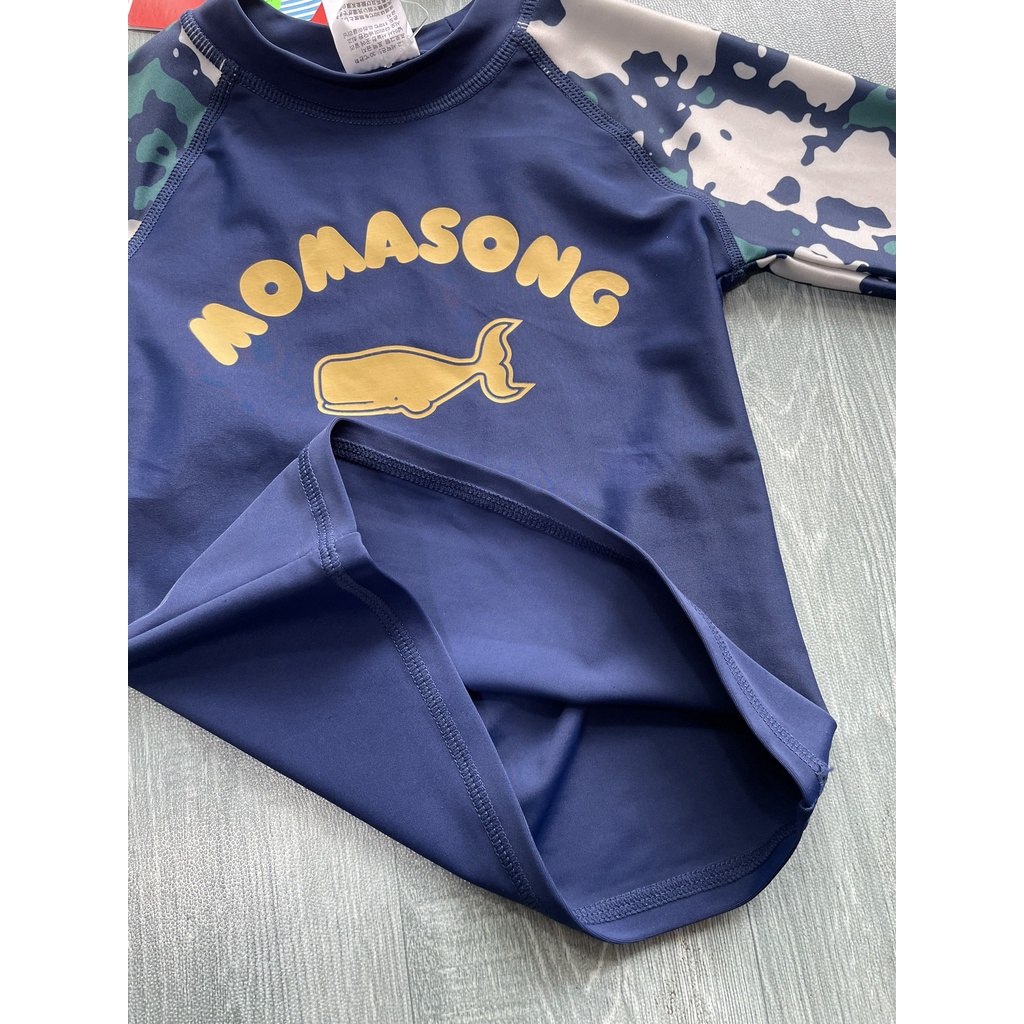 Bộ bơi bé trai dài tay xanh than rằn ri, hình cá voi, quần cộc rời, Momasong Korea