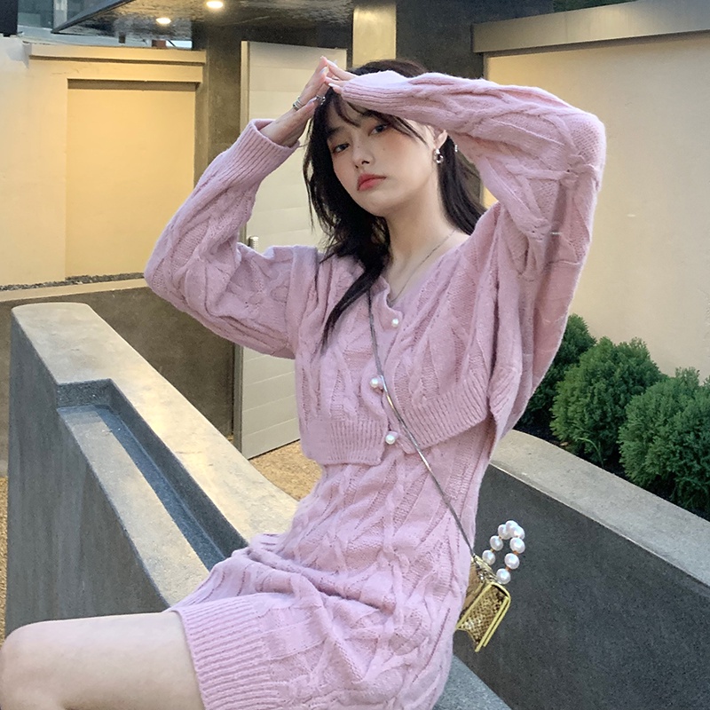 Set đầm len họa tiết trái tim + áo khoác Cardigan dáng rộng phong cách Retro mùa thu 2021