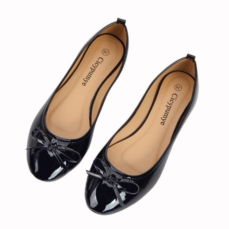 Giày Búp Bê Da Bóng Mũi Tròn Thoải Mái Màu Trơn Đính Nơ Thời Trang Mùa Thu Cho Nữ