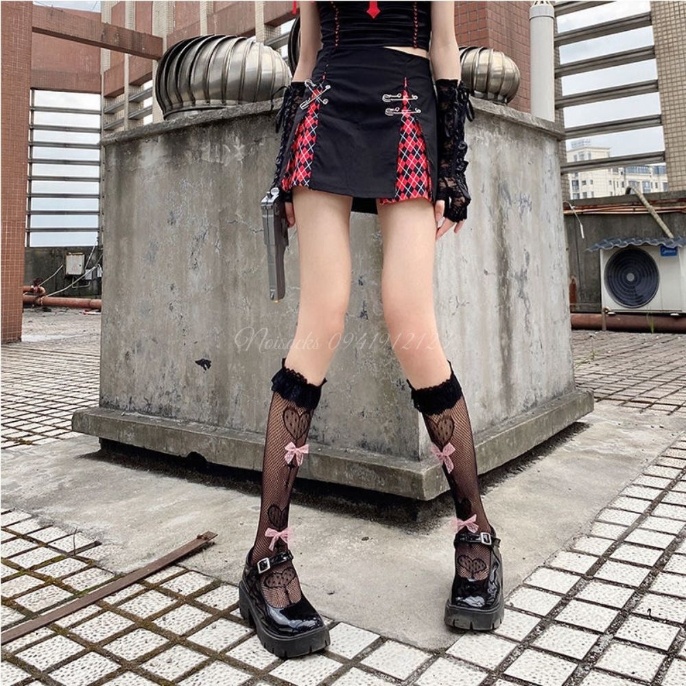 Tất ren lưới bắp chân Lolita viền ren hoa sen, đính nơ thêu trái tim thoáng mát, cá tính, cosplay Gợi Cảm Cho Nữ
