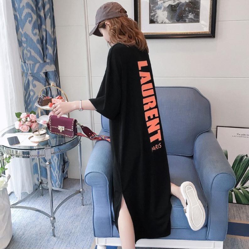 váy thun suông cộc tay in chữ laurent xẻ tà phom rộng trẻ trung
