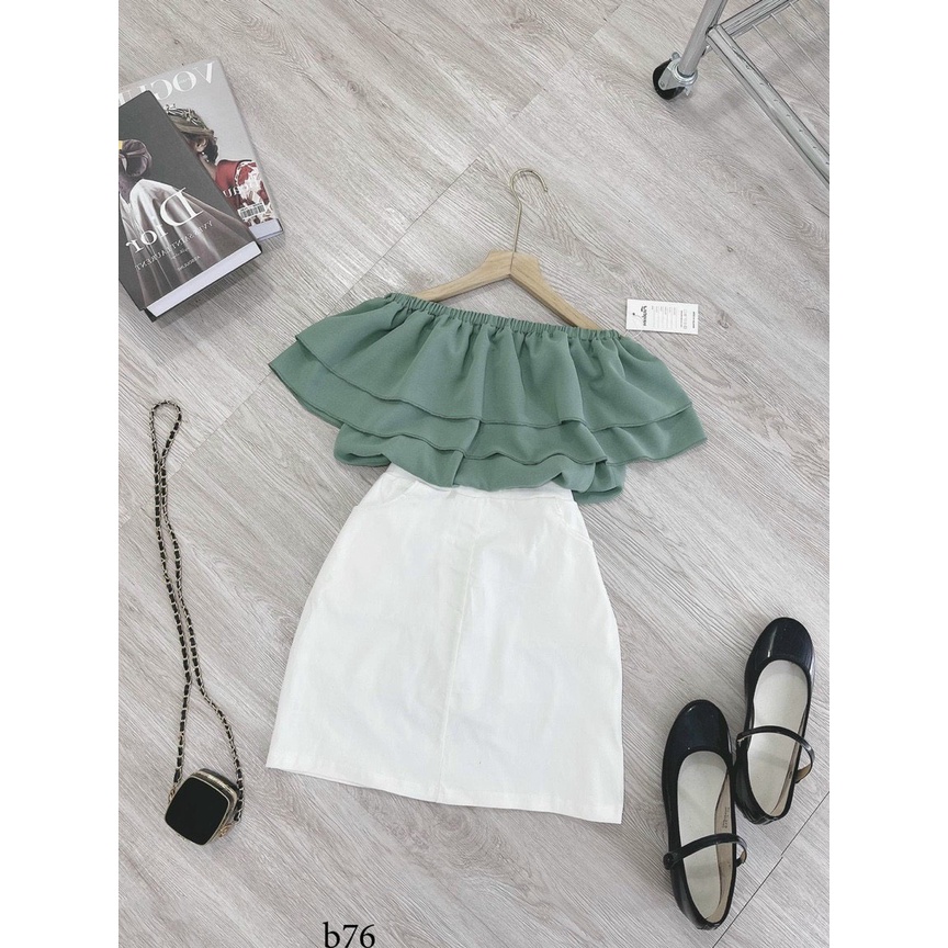 Set Áo Trễ Vai Bèo Tầng Và Chân Váy Có Lót