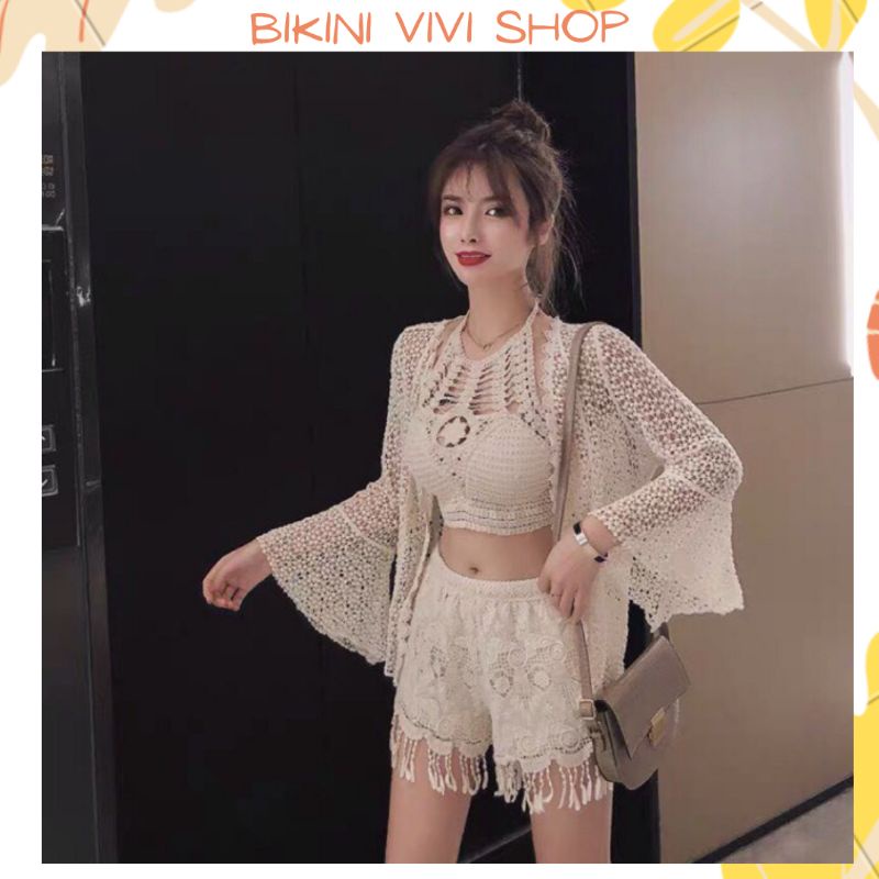 Bikini Len Đi Biển, Set Ren 3 Món Quảng Châu Dạng Yếm Trơn Vivi Shop [Có Tách Lẻ] [Kèm Ảnh Thật]