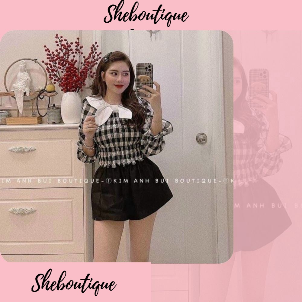 Áo kiểu nữ, áo nữ caro đen trắng phối nơ sọc caro đủ size S M L SKUA-18