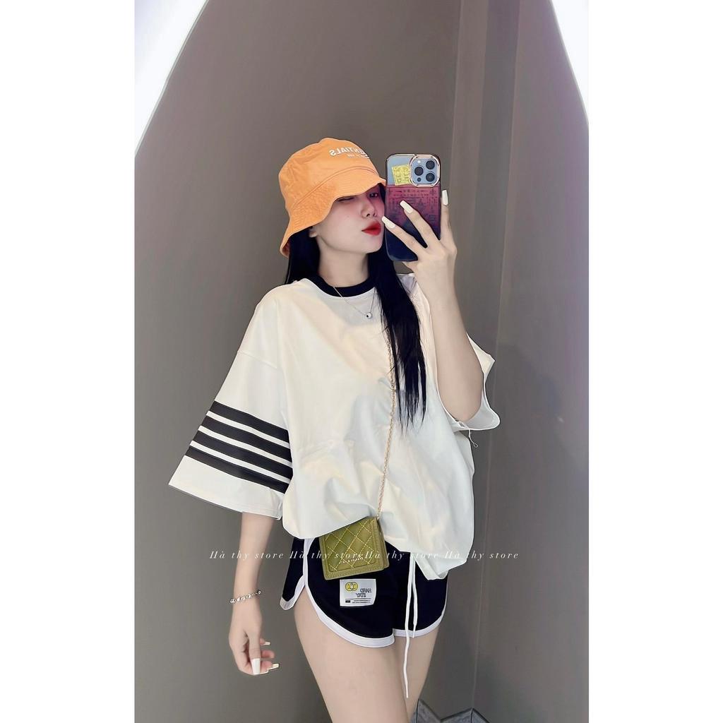 Set đồ bộ nữ thể thao chất thun gân co dãn họa tiết sọc ở tay trẻ trung năng động