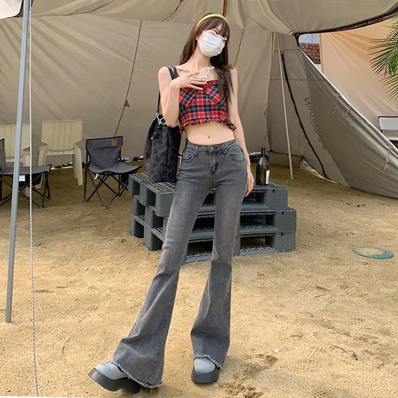 Jiashucheng Quần Jean Dài Ống Rộng Sờn Dễ Phối Đồ Thời Trang Mùa Hè