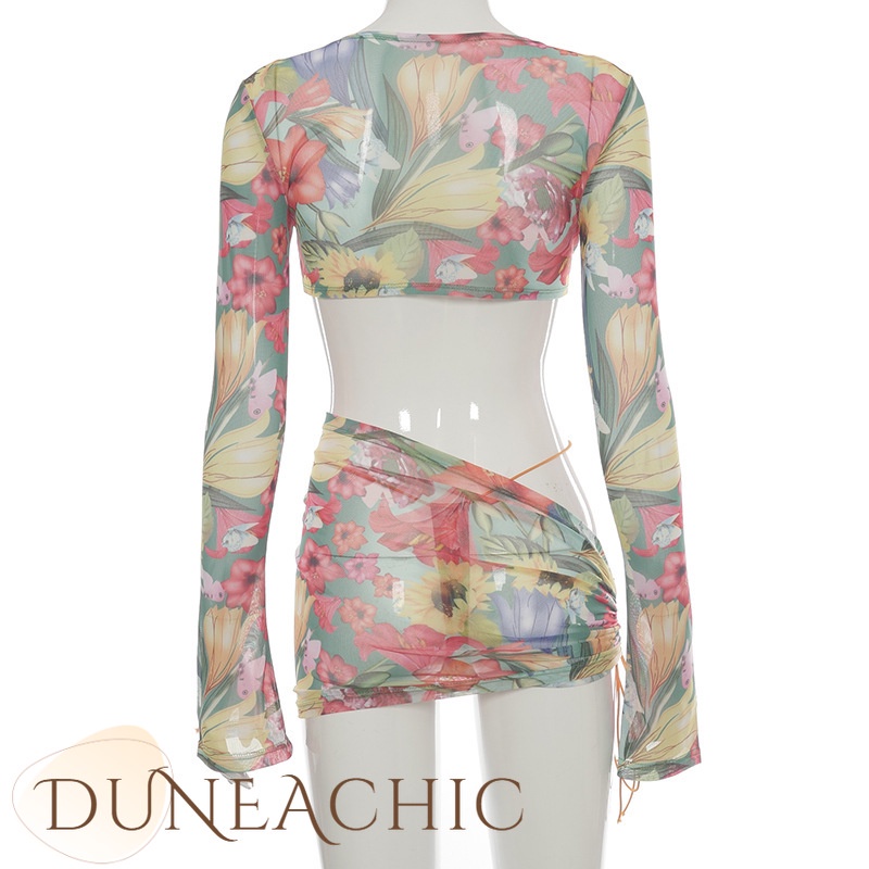 DUNEA Set Áo Lửng Dài Tay + Chân Váy Rút Dây Thời Trang Dành Cho Nữ