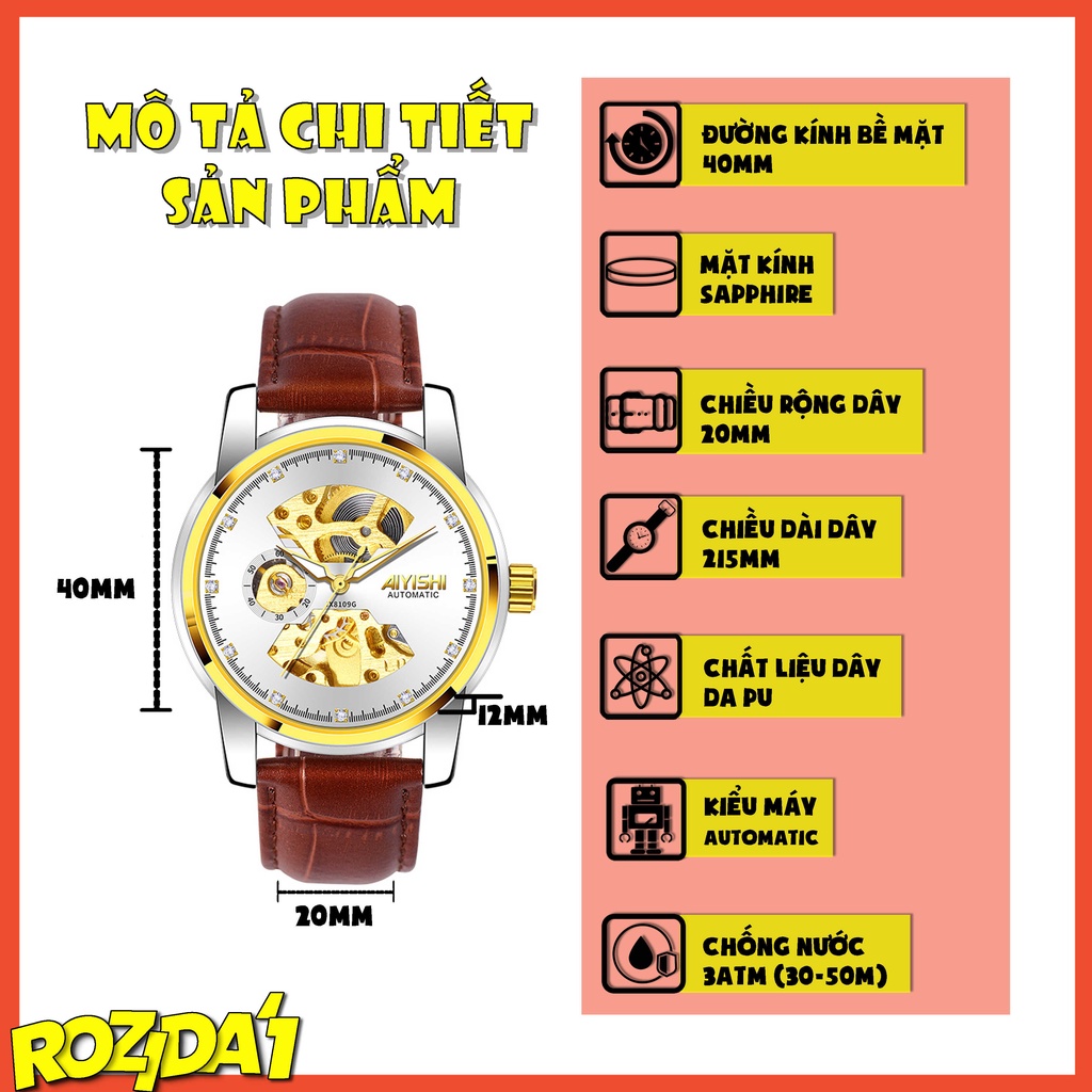 Đồng hồ cơ nam chính hãng dây da đẹp cao cấp chống nước thời trang sang trọng Rozida'1 DH09 | WebRaoVat - webraovat.net.vn