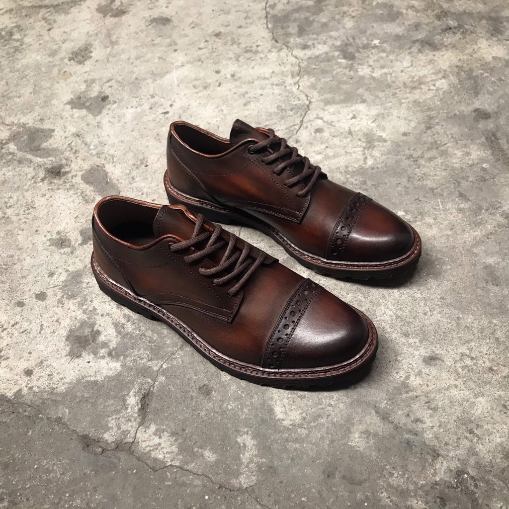 GIÀY DERBY TIM®️Kendrick patina, Giày da công sở nam màu nâu OXFORD TIMBER Da bò thật 2 lớp Mũi tròn Văn phòng