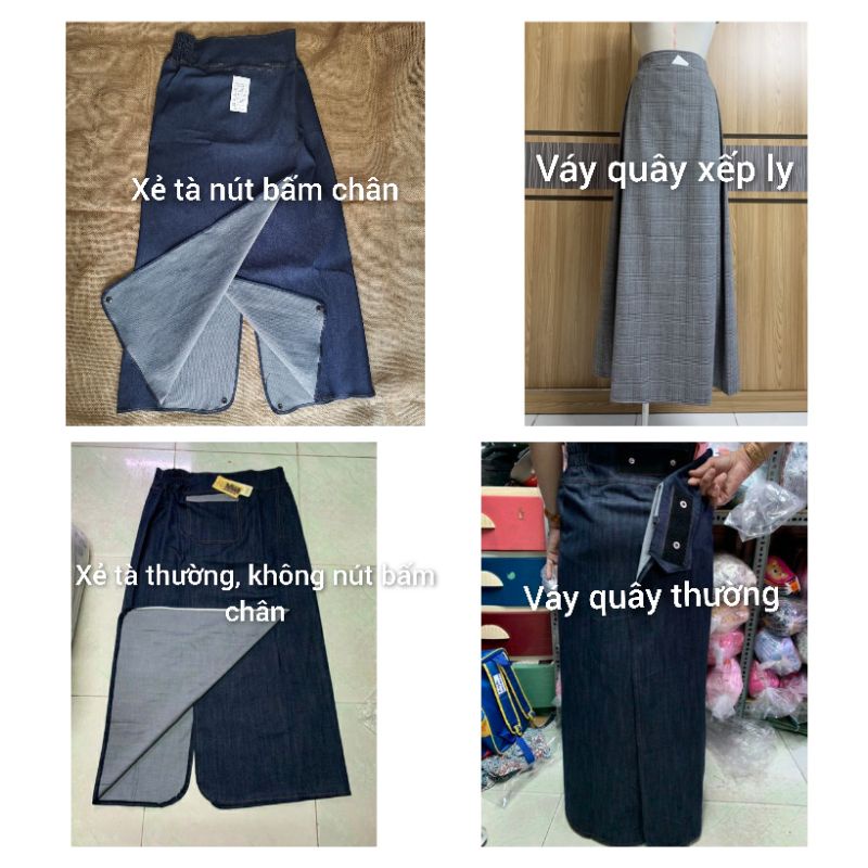 Váy chống nắng vải jean, kaki cao xẻ tà nút bấm chân, quây xếp ly, lưng thun, vừa dán vừa nút