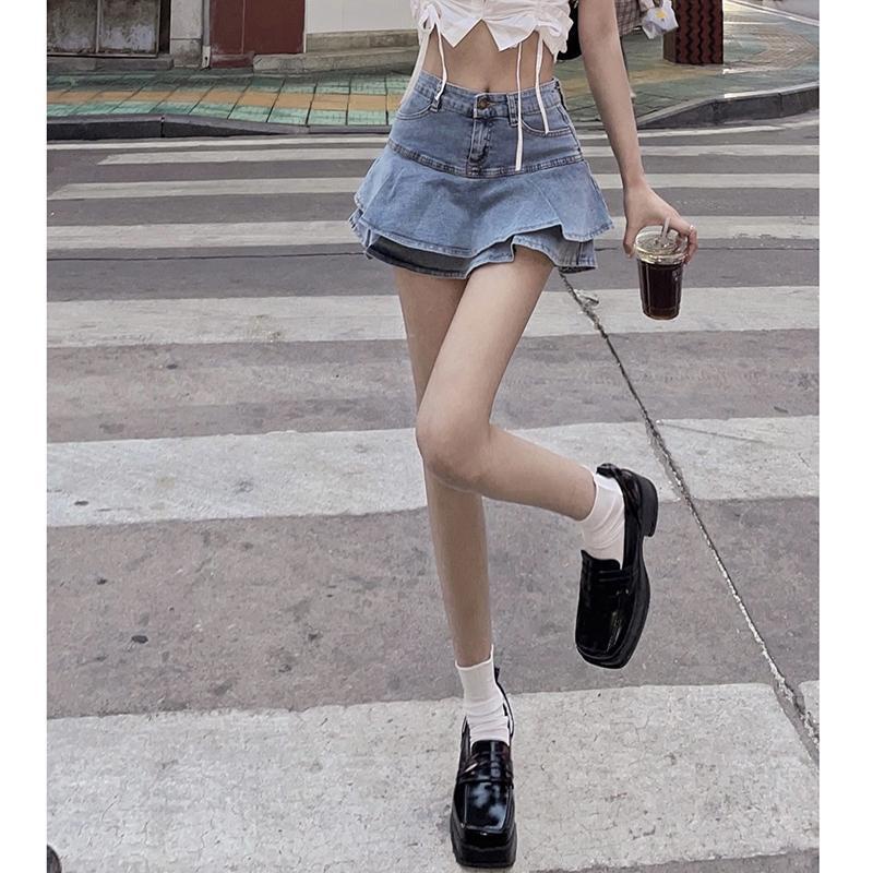 Jiashucheng Chân Váy Denim Lưng Cao Xếp Ly Xinh Xắn Dành Cho Nữ