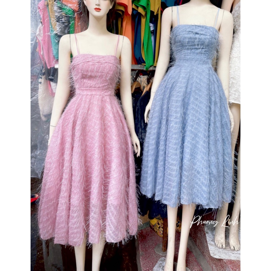 V296 - Đầm dự tiệc LEP STORE  đầm thiết kế 2 dây dáng maxi xòe dài chất ren lông 2 lớp cao cấp
