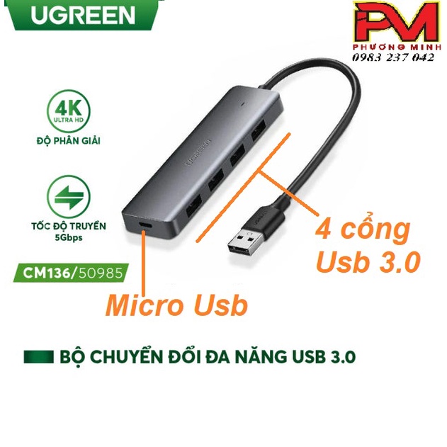 Hub USB 3.0 4 cổng hỗ trợ cấp nguồn Micro USB cao cấp Ugreen 50985 - Hàng chính hãng