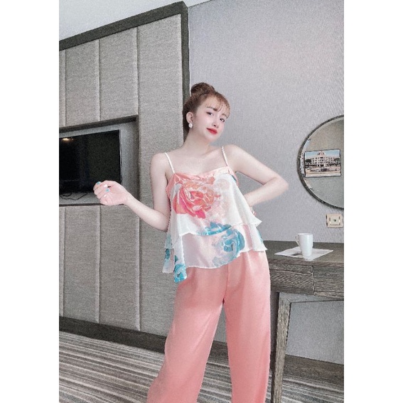 Bộ hai dây Áo voan, phối quần Satin, hoạ tiết siêu cưng