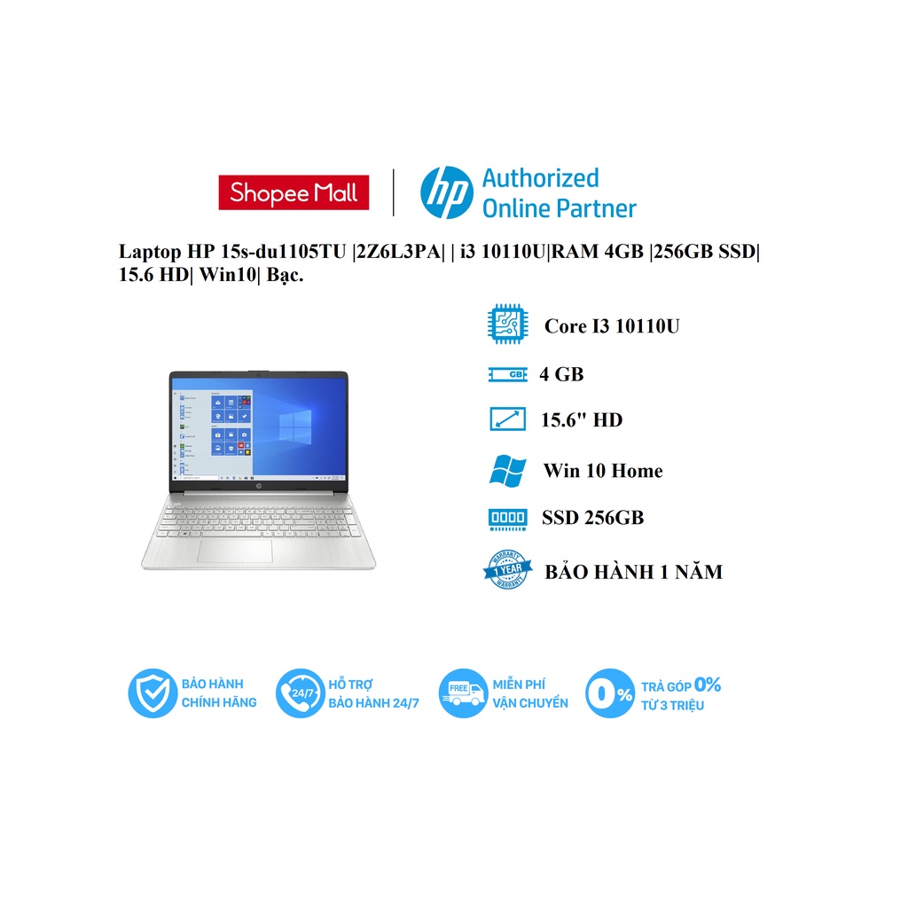 Laptop Hp 15S-Du1105Tu |2Z6L3Pa| | I3 10110U|Ram 4Gb |256Gb Ssd| 15.6 Hd|...