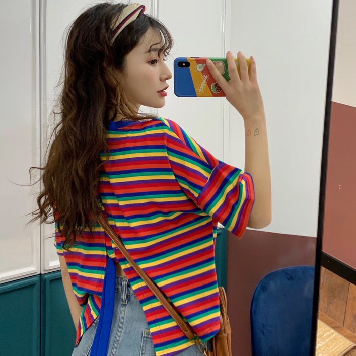 Áo Thun Tay Ngắn Dáng Rộng Họa Tiết Kẻ Sọc Cầu Vồng Phong Cách Hàn Quốc Thời Trang Mùa Hè 2022 Mới