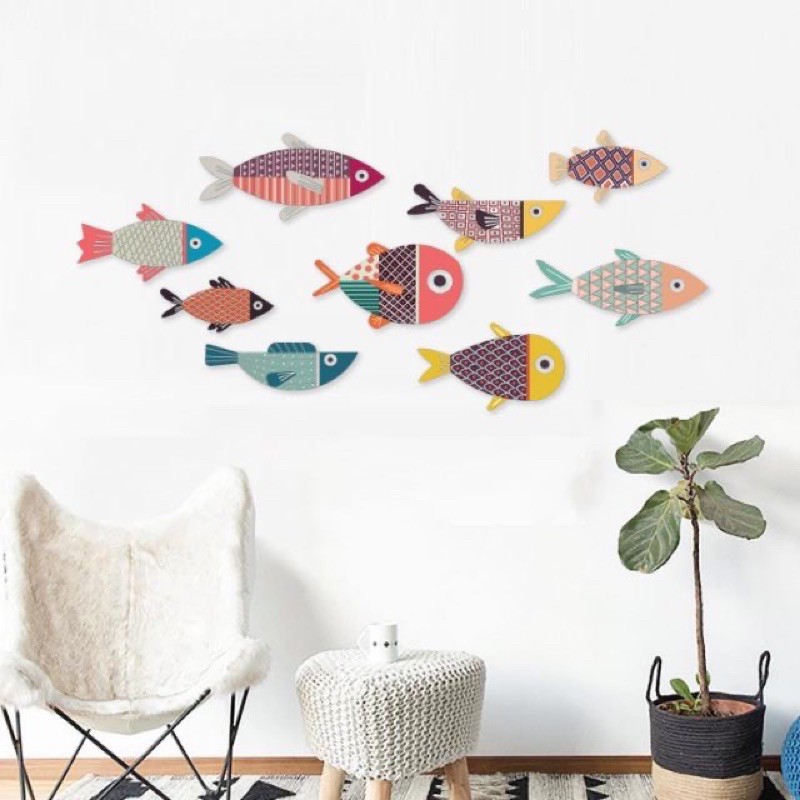 Bộ tranh Cá decor gỗ dán tường trang trí phòng khách, phòng ngủ - Tặng kèm băng dính