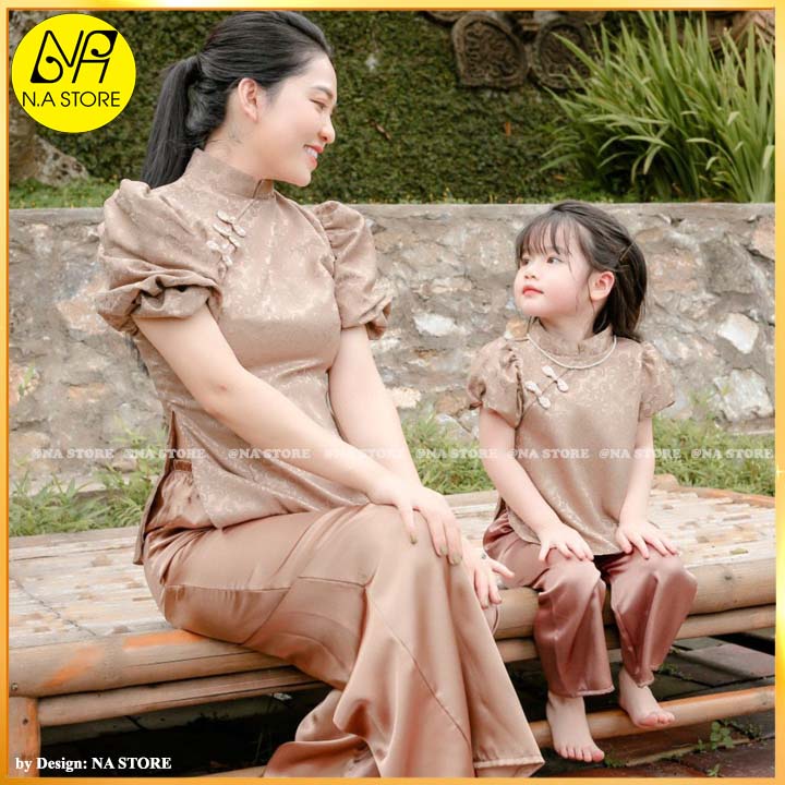 Đồ Lam Đi Chùa Bé - Bộ Đôi Mẹ & Bé Đ Lễ Chùa Vải Lụa Gấm Nổi Cao Cấp Hồng Kông Tay Phồng BÉ AL028