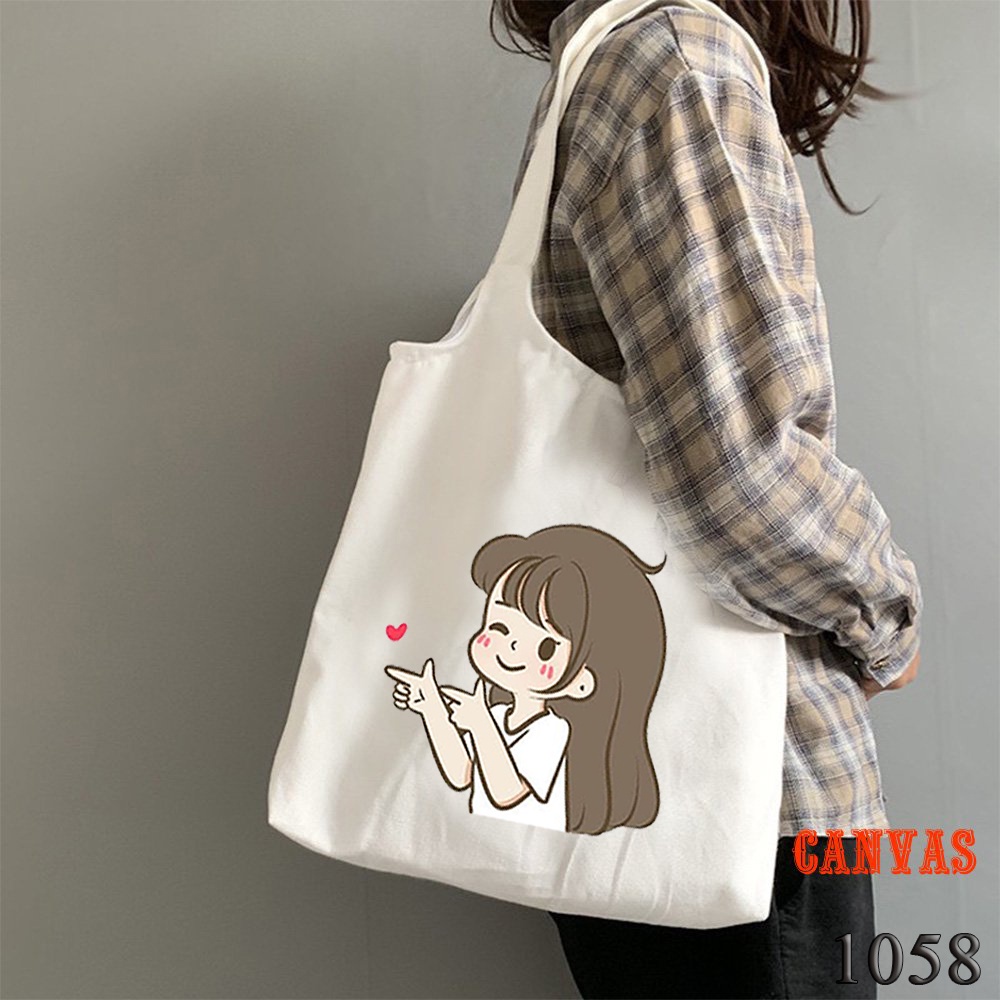 Túi Tote Túi Vải Canvas Trắng Đeo Vai Đi Học Đi Du Lịch 1058 In Hình Cô Bé Thả Tim Siêu Dễ Thương