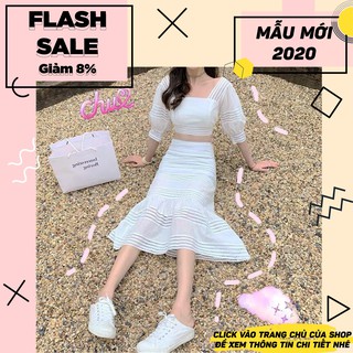 [SẴN] Set bộ áo croptop chân váy đuôi cá tay bồng trắng buộc nơ sau lưng thời trang ulzzang Hàn Quốc thanh lịch cao cấp