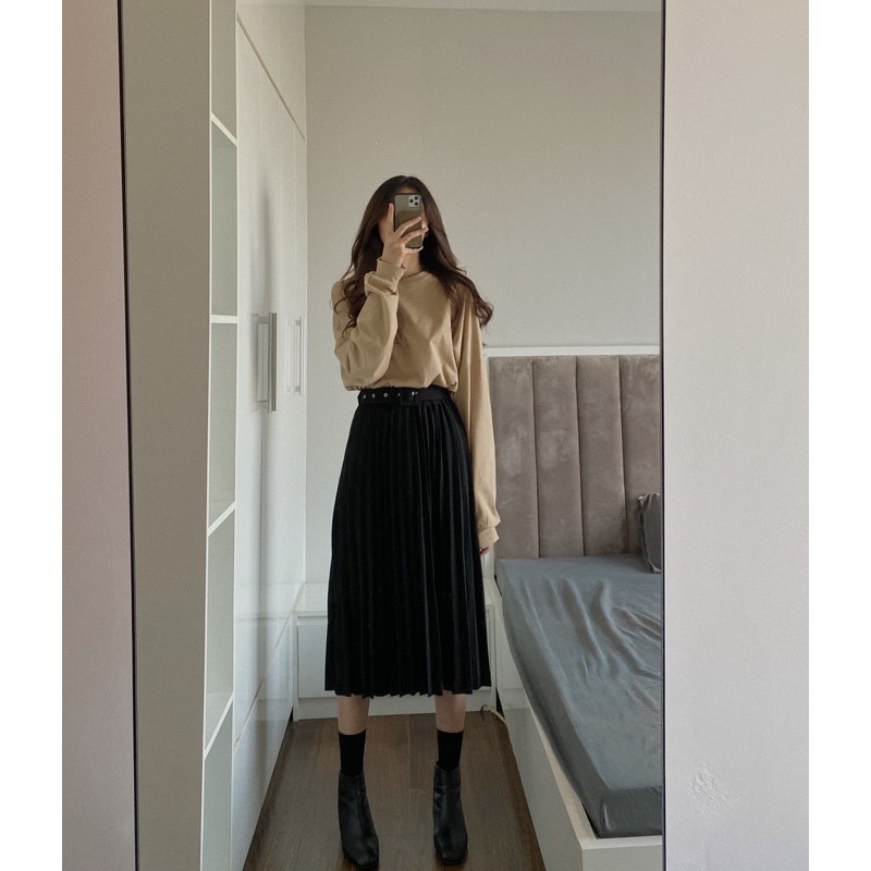 Chân váy midi xếp li kèm đai freesize 1915