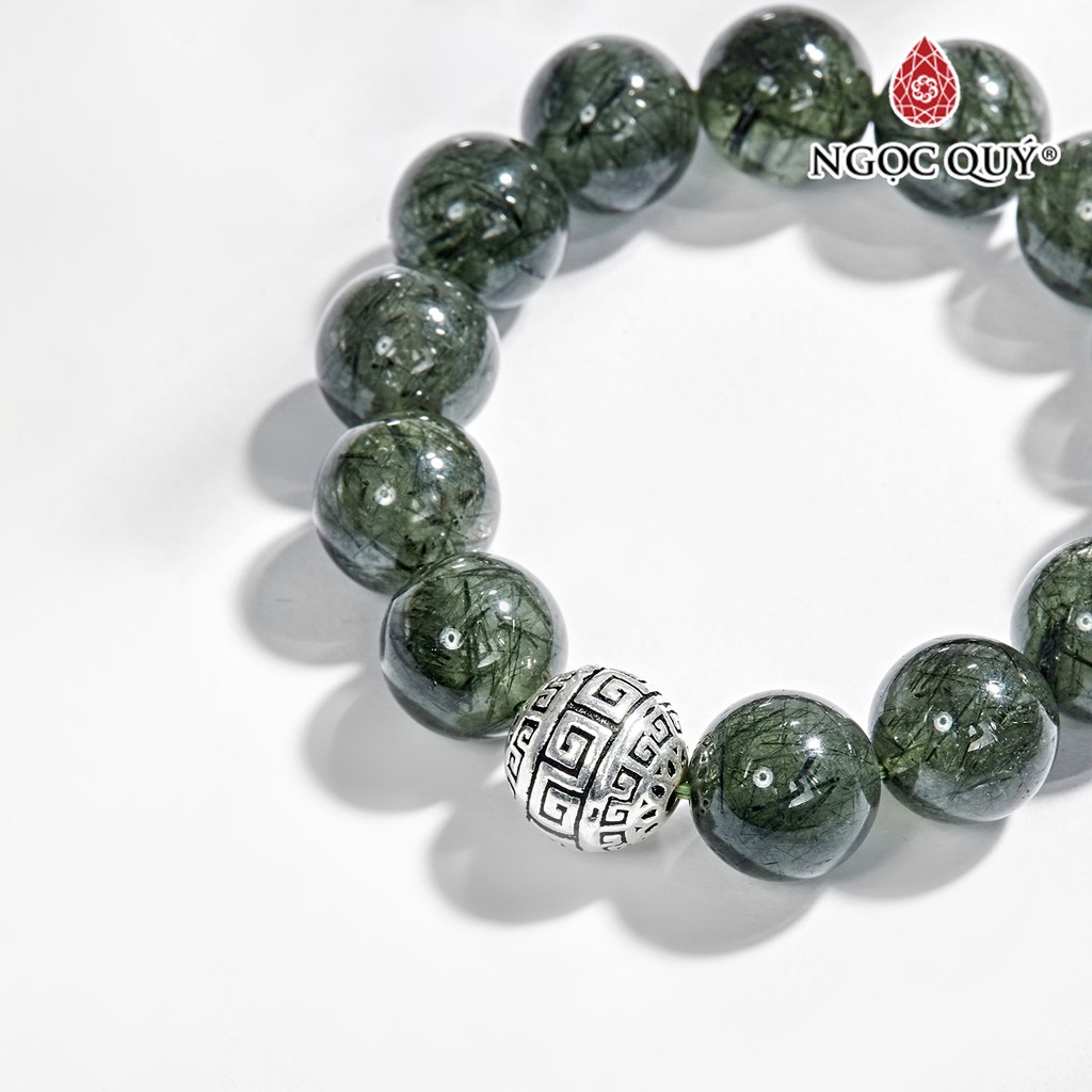 Vòng tay đá TA tóc xanh phối charm bạc 925 hạt 14mm - Ngọc Quý