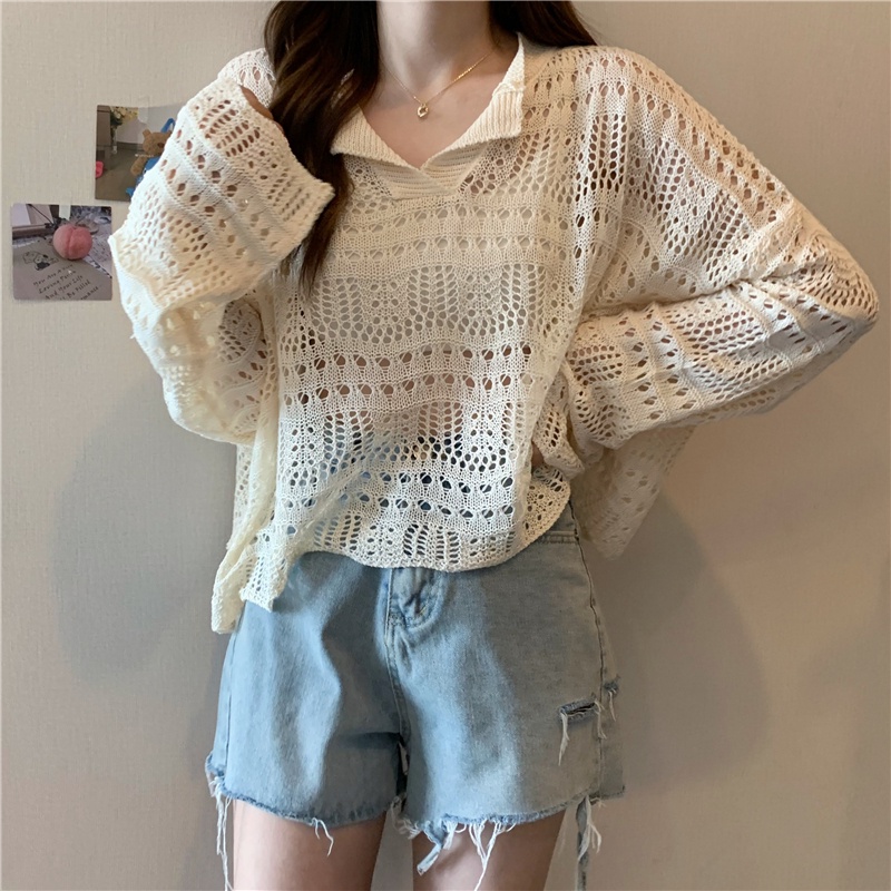 【ZHELIHANGFEI】Áo Dệt Kim Tay Dài Cổ Chữ V Dáng Rộng Xinh Xắn Thời Trang