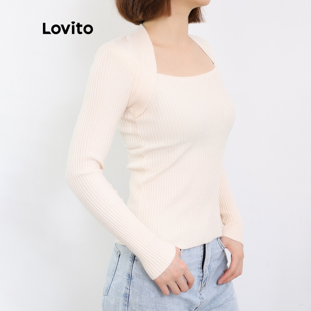 Áo sweater Lovito dáng ôm tay dài cổ vuông giản đơn duyên dáng hợp thời trang L08219 (be/cà phê) | BigBuy360 - bigbuy360.vn