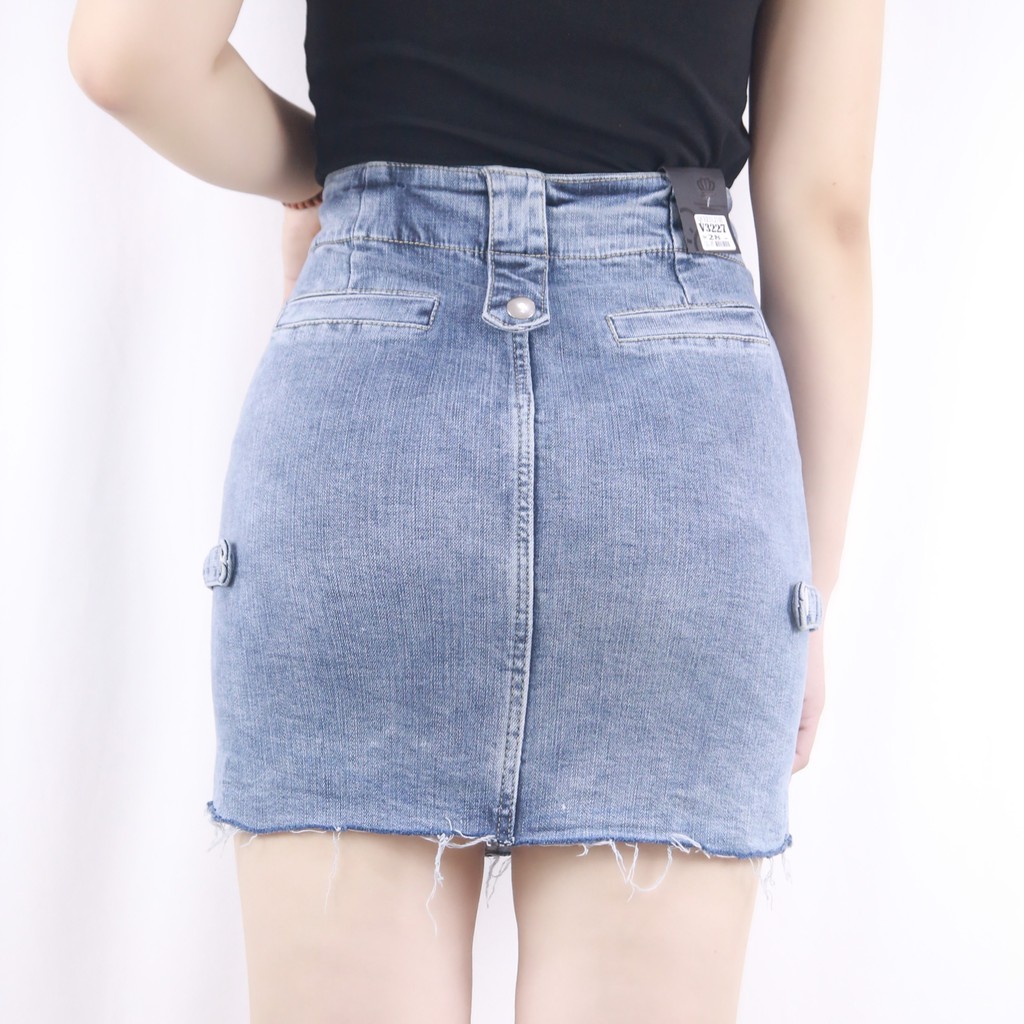 Chân váy công sở, Chân váy Jean co giãn màu xanh nhạt, Có túi trước, Gấu tua rua | BigBuy360 - bigbuy360.vn