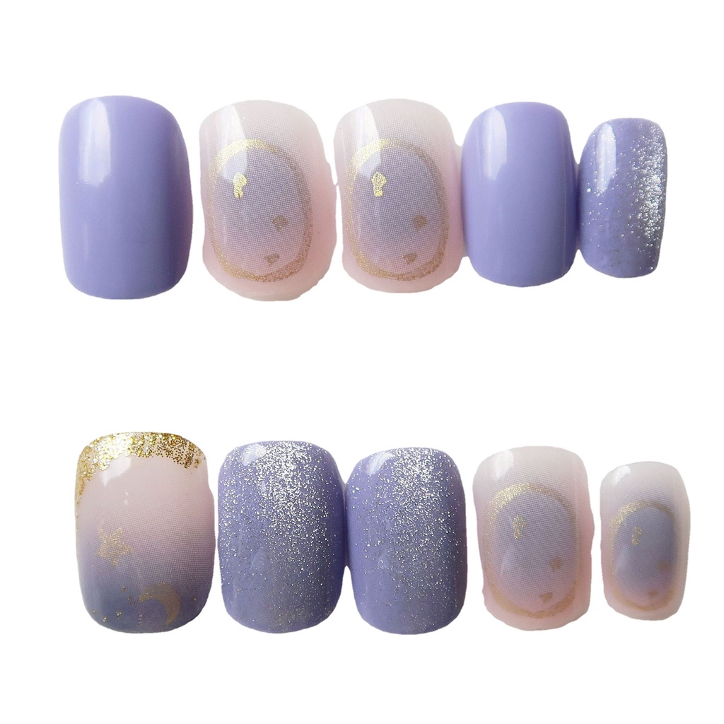 Set 24 móng tay giả, móng ngắn, nailbox PD132 màu tím nhũ kèm keo