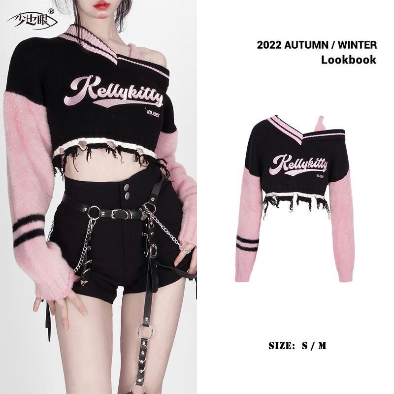 Y2k Áo Sweater Crop Top Tay Dài Hở Vai Màu Hồng Thêu Họa Tiết Phong Cách Cho Nữ