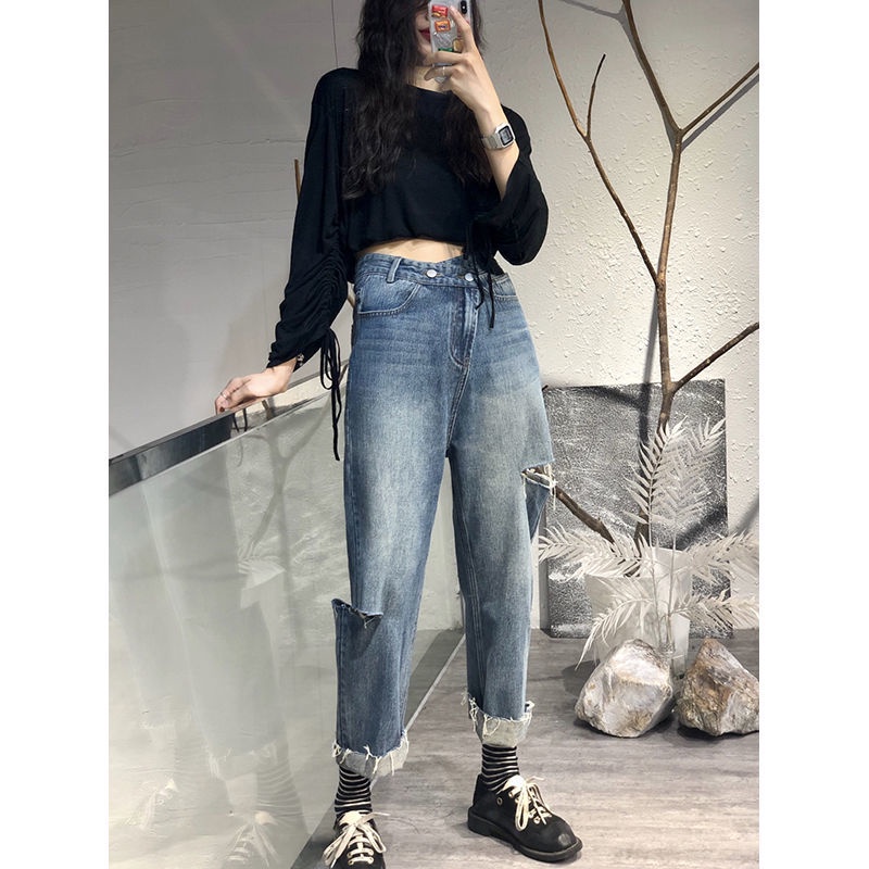 Quần Jean Dài Lưng Cao Ống Đứng Phối Rách Gối Thời Trang Theo Phong Cách Hàn Quốc